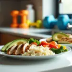 Балансированное питание с белками жирами и углеводами на фоне оборудования для домашних тренировок