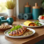 Вкусные высокобелковые блюда для роста мышц, приготовленные дома, на фоне домашнего фитнеса