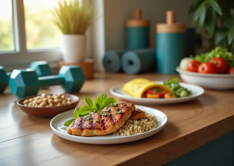 Вкусные высокобелковые блюда для роста мышц, приготовленные дома, на фоне домашнего фитнеса