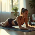 Женщина выполняет упражнения для пресса и косых мышц дома на коврике для йоги в уютной обстановке