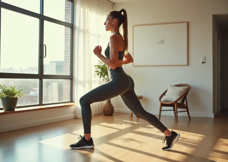 Женщина занимается кардио без прыжков дома в тихой комнате, выполняя упражнения, щадящие колени, комфортная спортивная одежда, естественный свет, минималистичный интерьер, спокойная обстановка