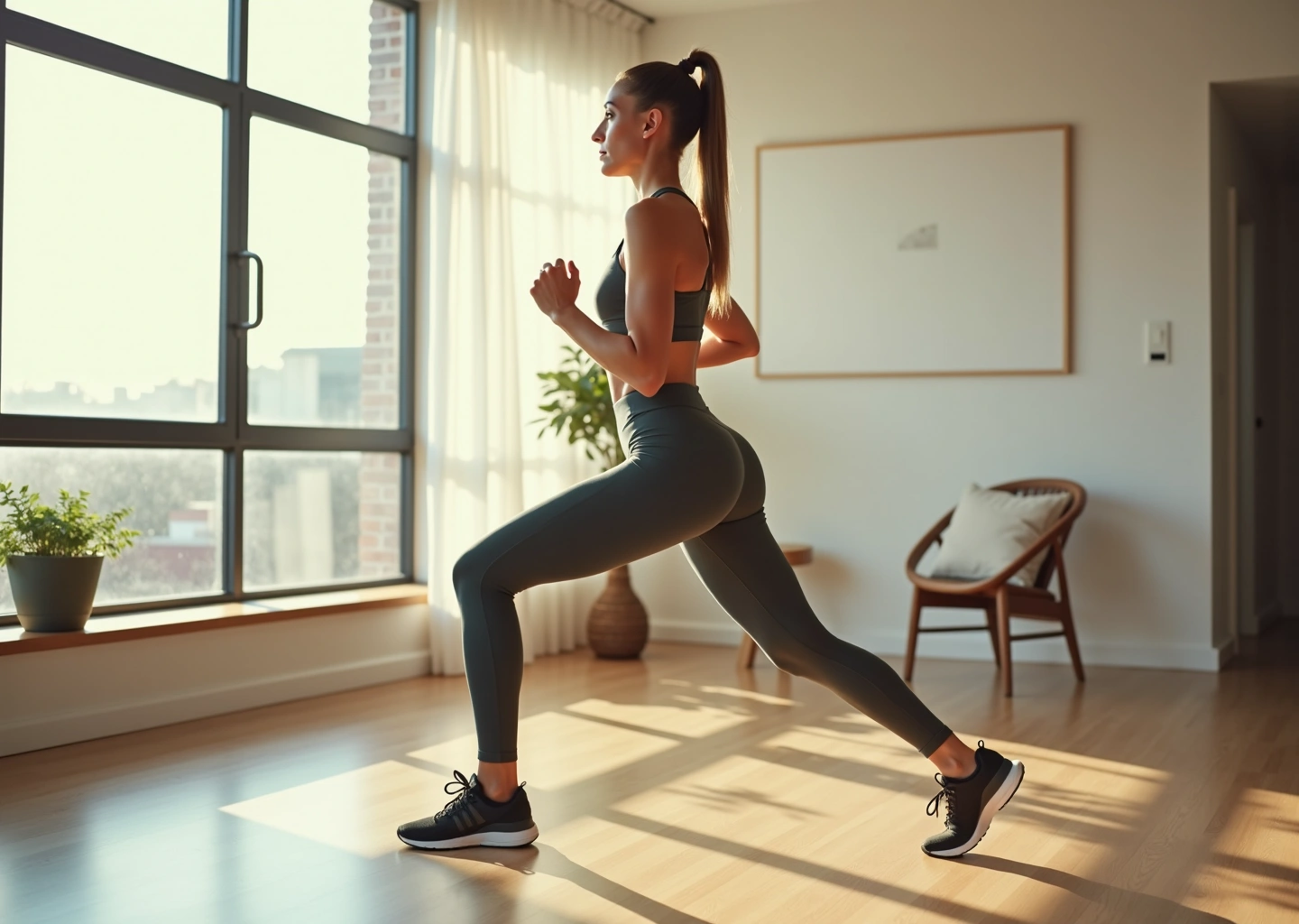 Женщина занимается кардио без прыжков дома в тихой комнате, выполняя упражнения, щадящие колени, комфортная спортивная одежда, естественный свет, минималистичный интерьер, спокойная обстановка