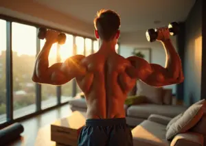 Человек выполняет упражнения для плеч с гантелями дома, демонстрируя широкие и рельефные плечи